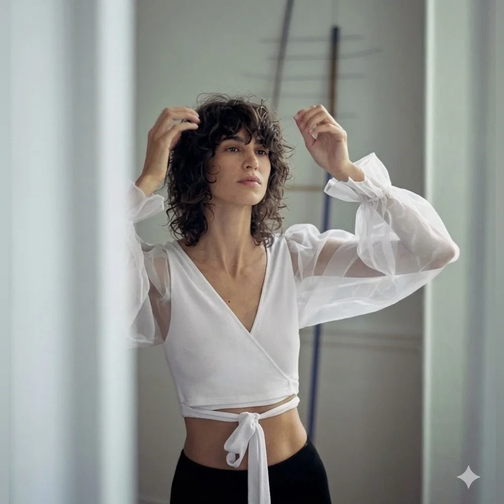 Zara Sheer Puff-Sleeve Wrap Top - White